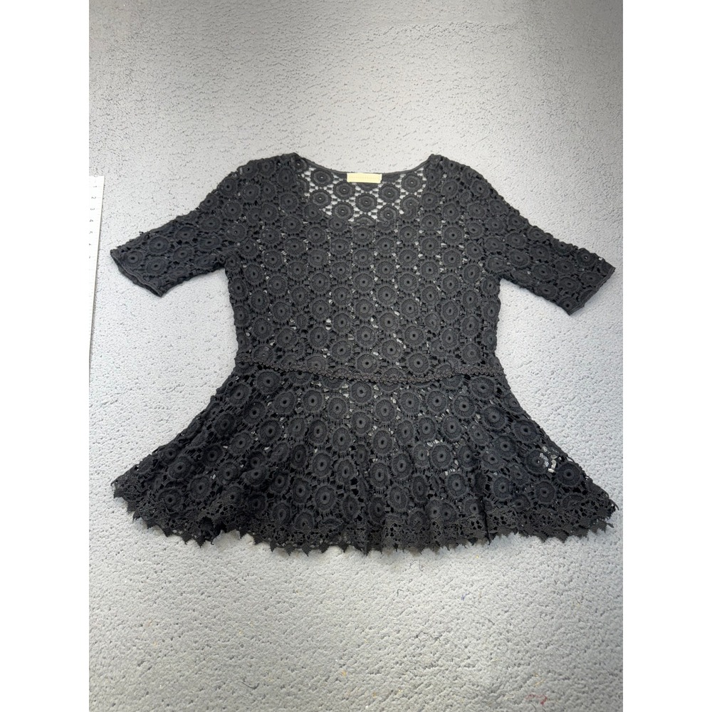 4 Love And Liberty Blouse Womens Small Black Silk Crepe Peplum Crochet Lace NWT